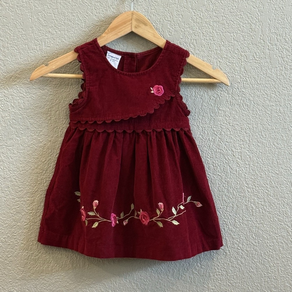 Girls Corduroy Dress 3T Samara Floral Embroidered Burgundy Wine Cranberry Red